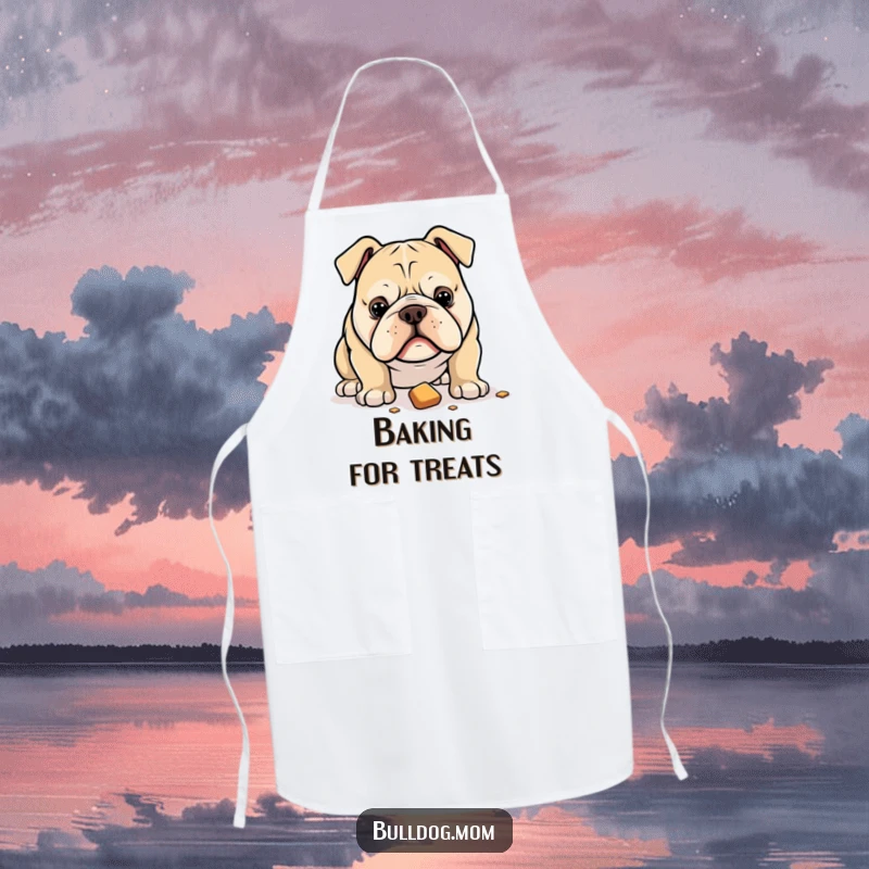 Funny apron showcasing a bulldog with an intense stare at a dropped treat, adding a humorous, focused touch to cooking.