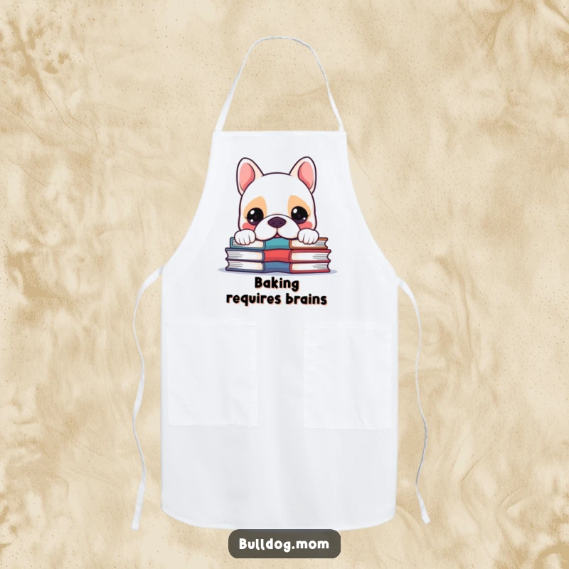 Funny Kawaii Bulldog peeking over a stack of cookbooks with a curious expression, a humorous apron.