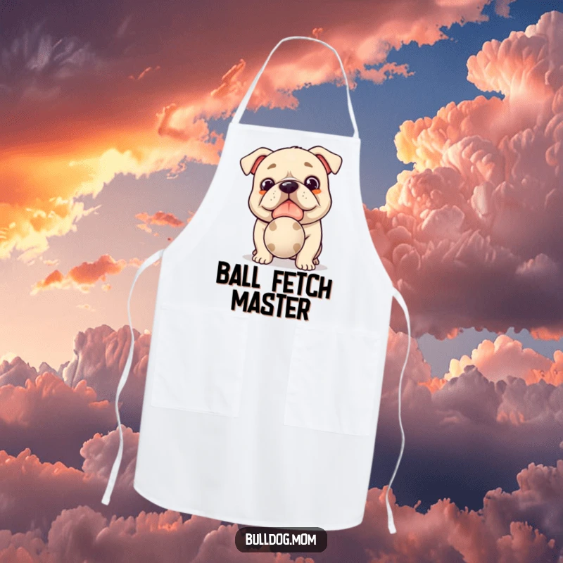 Funny Kawaii Bulldog Apron: Cute dog apron for playtime, featuring a hopeful pup offering a slobbery ball, perfect for funny kitchen moments.