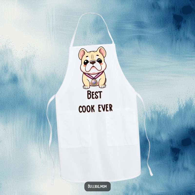 Funny apron showcasing a proud bulldog wearing a chef's hat and holding a medal, ready for kitchen triumphs.