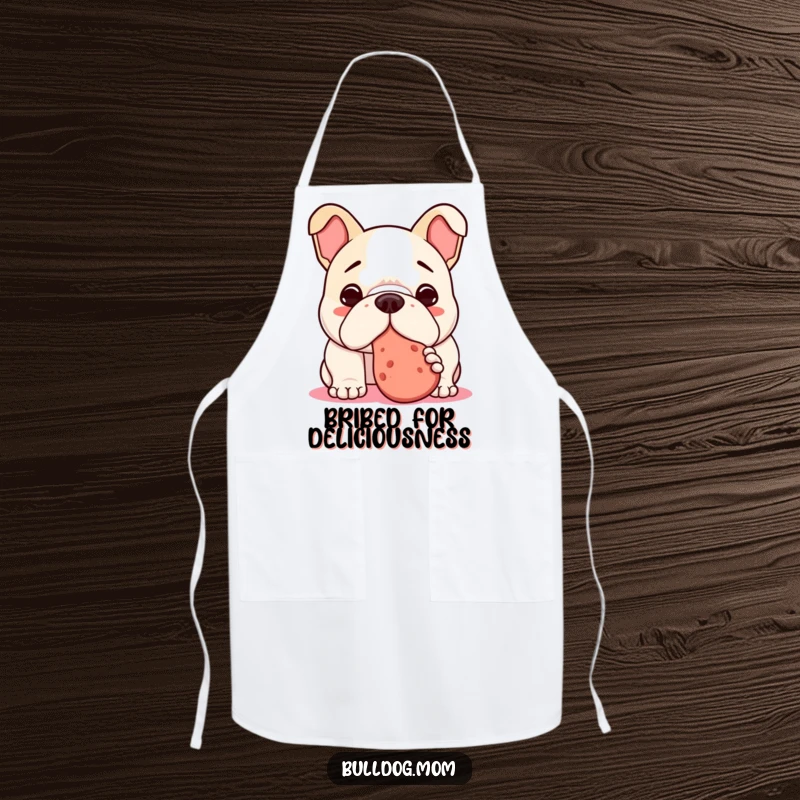 Funny Kawaii Bulldog Apron depicting a dog nudging a treat, adding humor and style to kitchen activities.