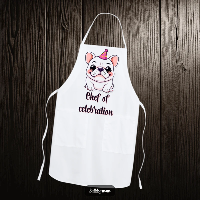 Funny Kawaii Bulldog apron, adorned with a tiny party hat and a wide, goofy grin, ready to serve up fun and laughter in the kitchen.