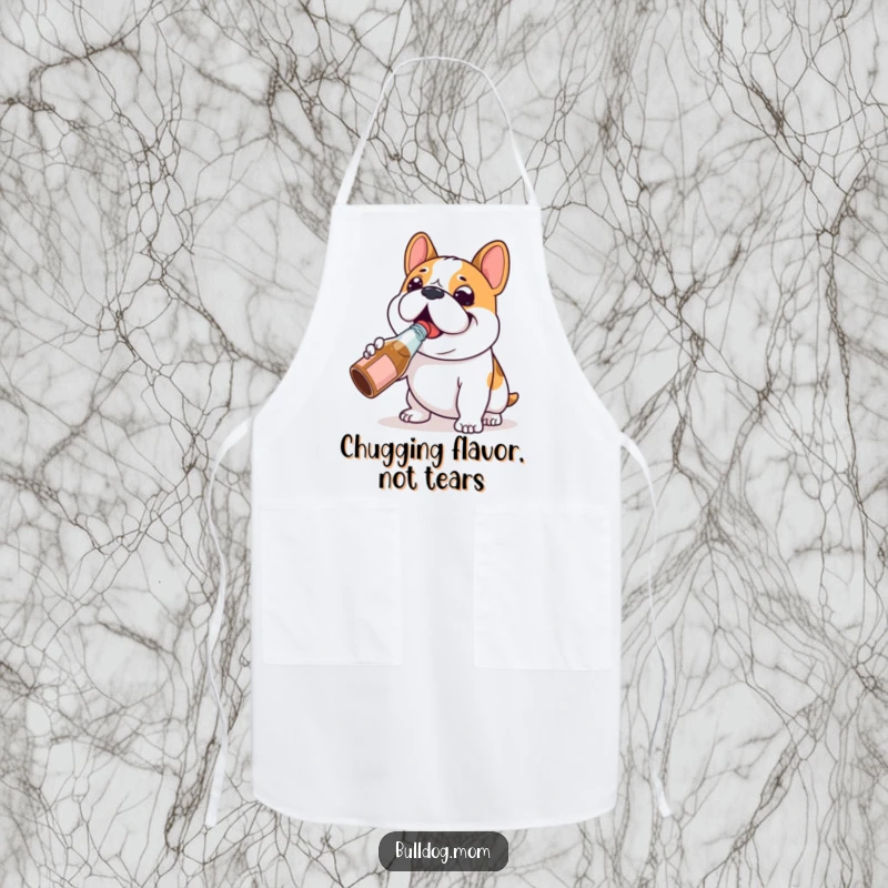 Funny Bulldog chug apron showing a happy Bulldog character happily chugging from a tiny bottle, bringing smiles to the kitchen.