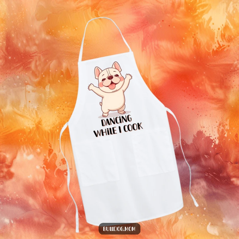 Funny Kawaii Bulldog apron showing a dog doing a clumsy but adorable happy dance, perfect for kitchen tasks with humor.