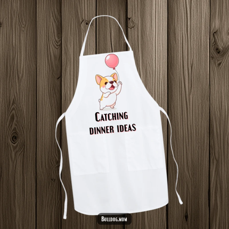 Funny Balloon Bulldog Apron: An excited kawaii bulldog is mid-chase, reaching for a floating balloon, adding humor to kitchen tasks.