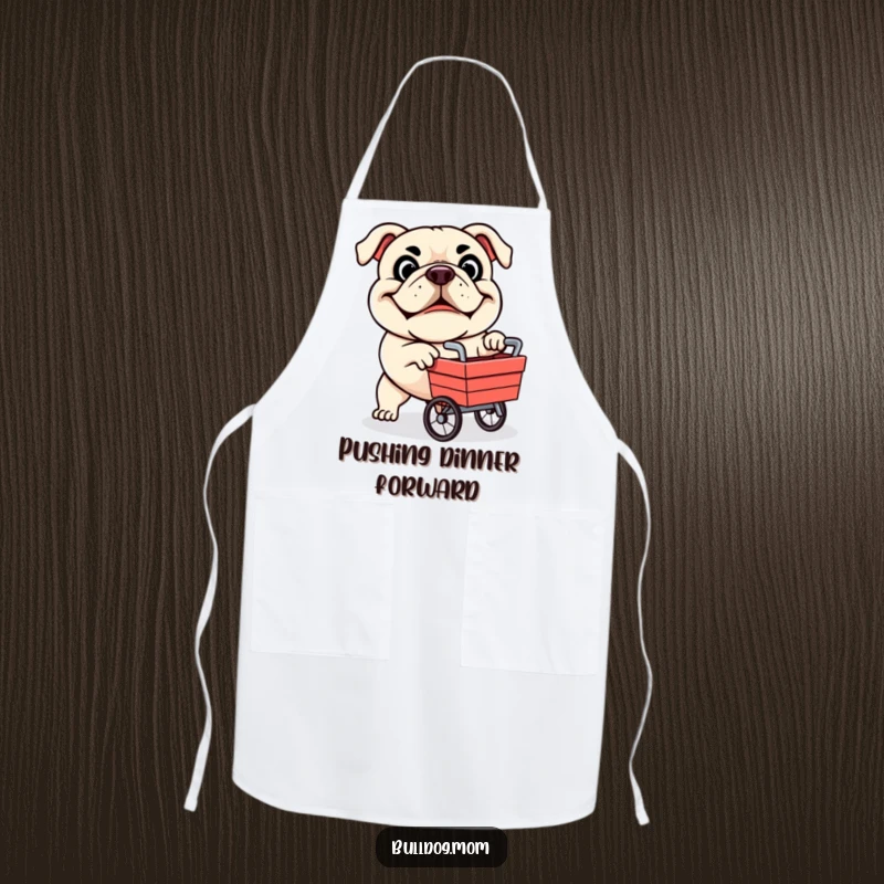 Funny apron featuring a determined bulldog mascot pushing a small cart, ready to assist in the kitchen with humor.