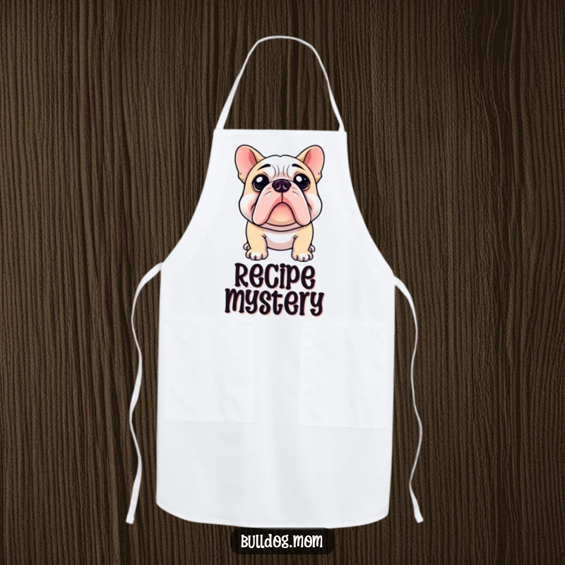 Funny apron showing a bulldog with a curious head tilt, ready to tackle any recipe with humorous intrigue.