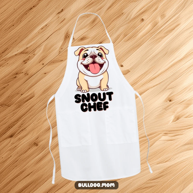 Funny apron showing a bulldog panting enthusiastically with its tongue out, ready to cook with gusto.