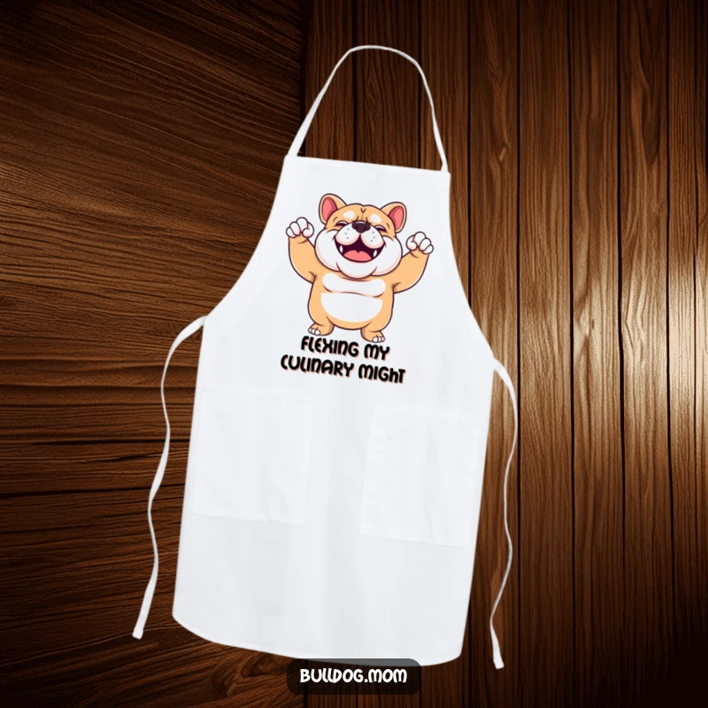 Funny Bulldog flex apron showing a sturdy, smiling Bulldog enthusiastically flexing its arms, bringing strength and laughs to the kitchen.
