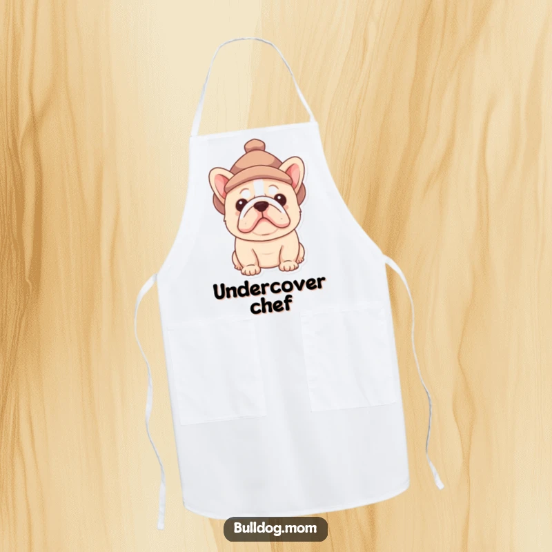 Funny Bulldog pup apron showing a cute puppy peeking out from under a small hat, ideal for adding humor to cooking.