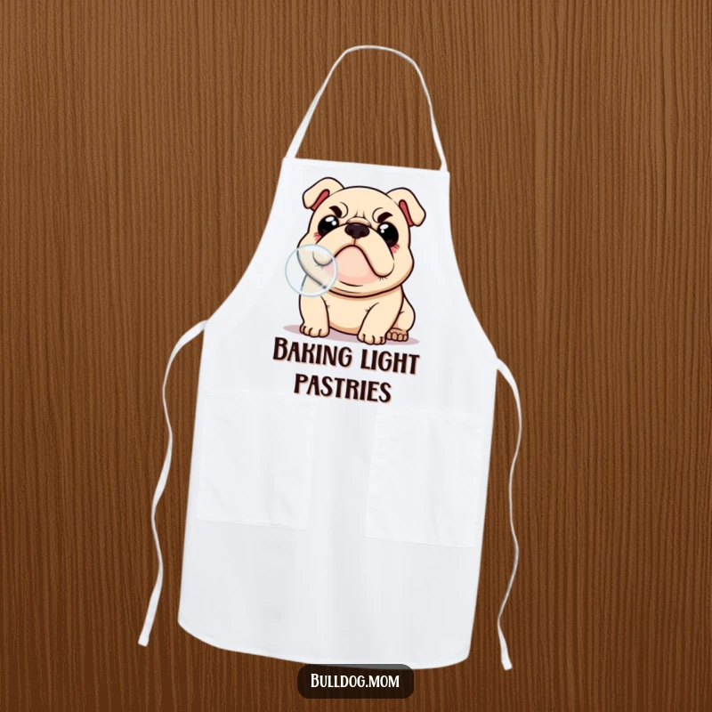 Funny Kawaii Bulldog apron, cheerful demeanor, wearing a tiny bandana, hilariously focused on catching a soap bubble while cooking, a funny kitchen scene.