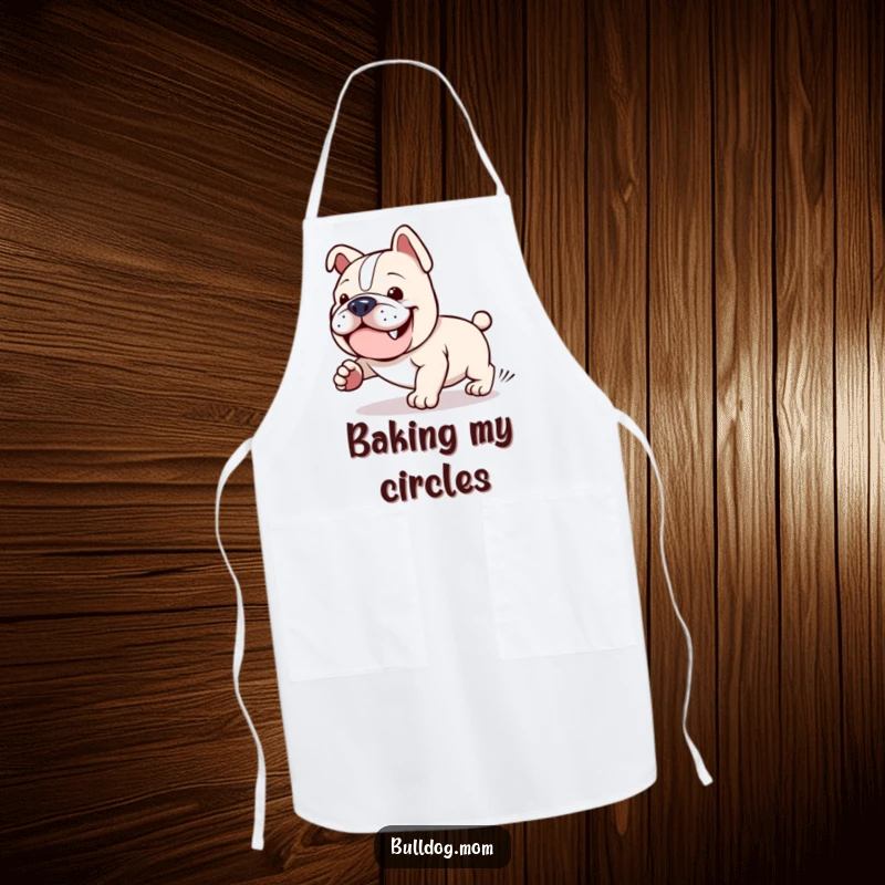 Funny Kawaii Bulldog Apron: A cute bulldog comically chasing its tail, perfect for kitchen activities with a humorous flair.