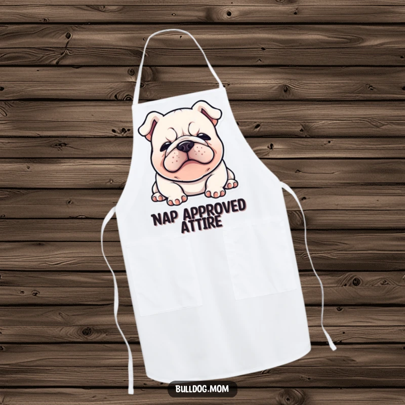 Funny Kawaii Bulldog apron showing a happy bulldog flopped down with a content sigh, ideal for kitchen activities with a humorous touch.