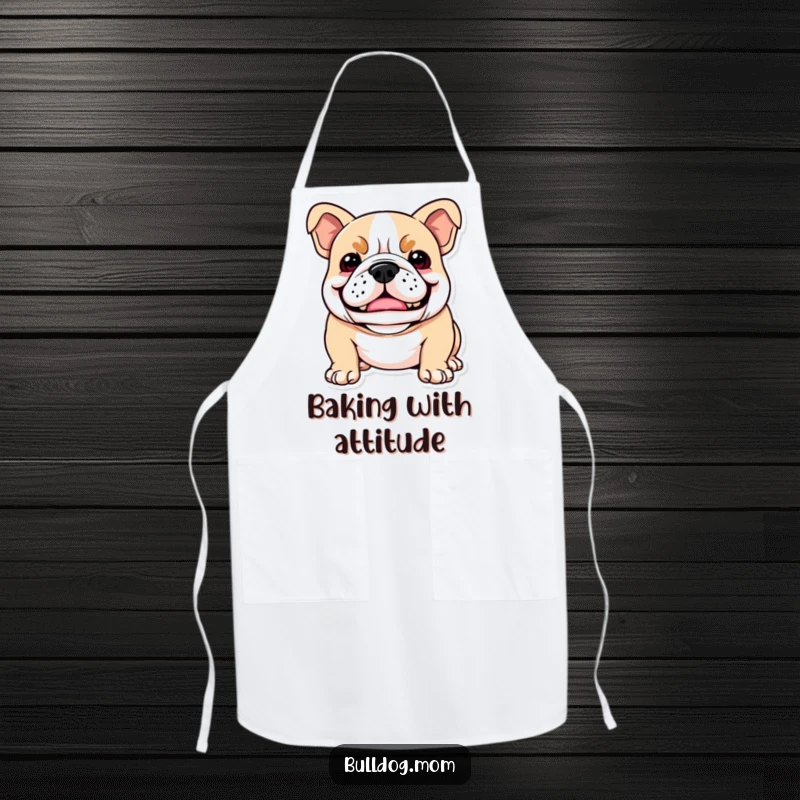 Funny Kawaii Bulldog apron showing a dog with a playful snarl that looks like a happy smile, perfect for cooking with humor.
