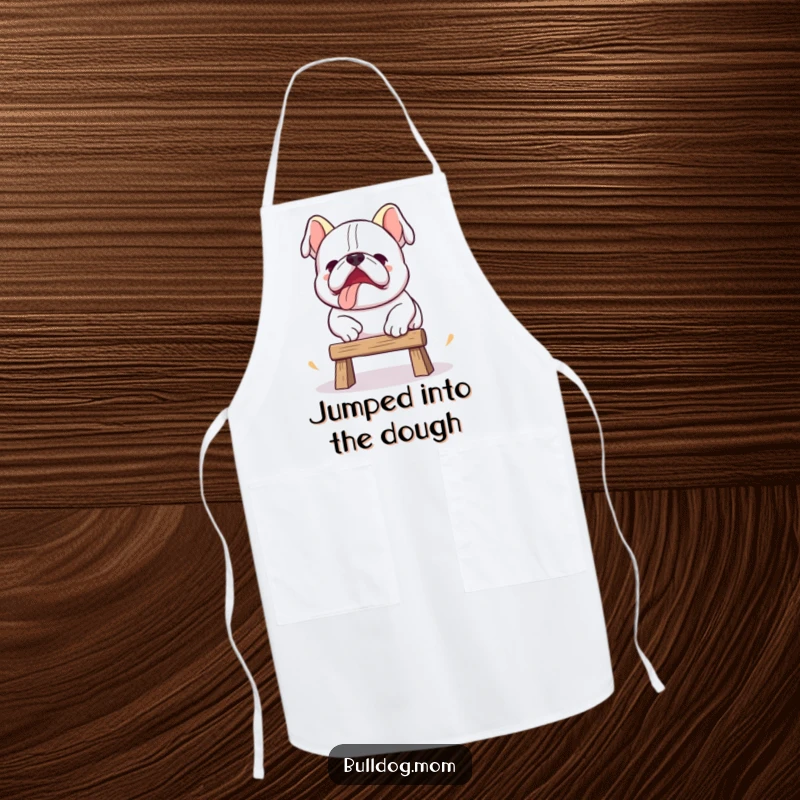 Funny Kawaii bulldog apron showing a cute dog attempting a clumsy jump, ideal for kitchen humor and protection.
