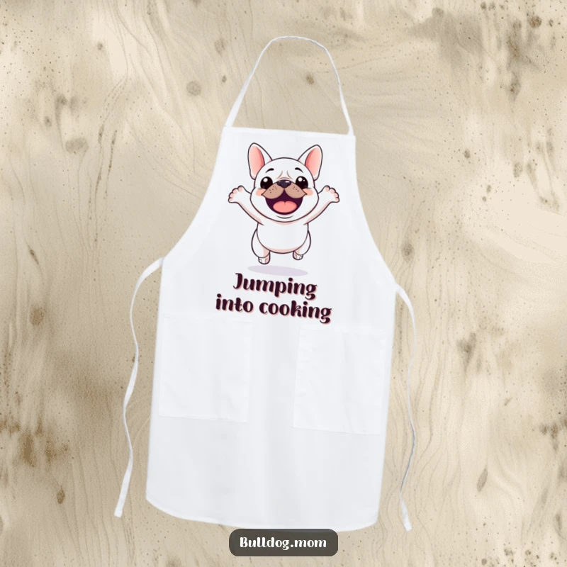 Funny Kawaii Bulldog Apron depicting a cute bulldog mid-leap, ready to add excitement to any kitchen task.