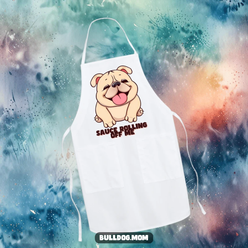 Funny Kawaii bulldog apron showing a cute, squishy dog happily snorting and rolling over, ideal for kitchen humor.