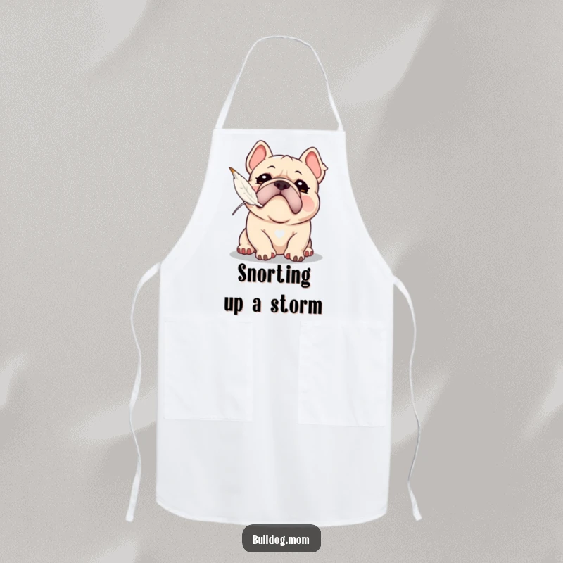 Funny Kawaii Bulldog apron with a playful snort, attempting to catch a floating feather, ideal for kitchen fun and protection.