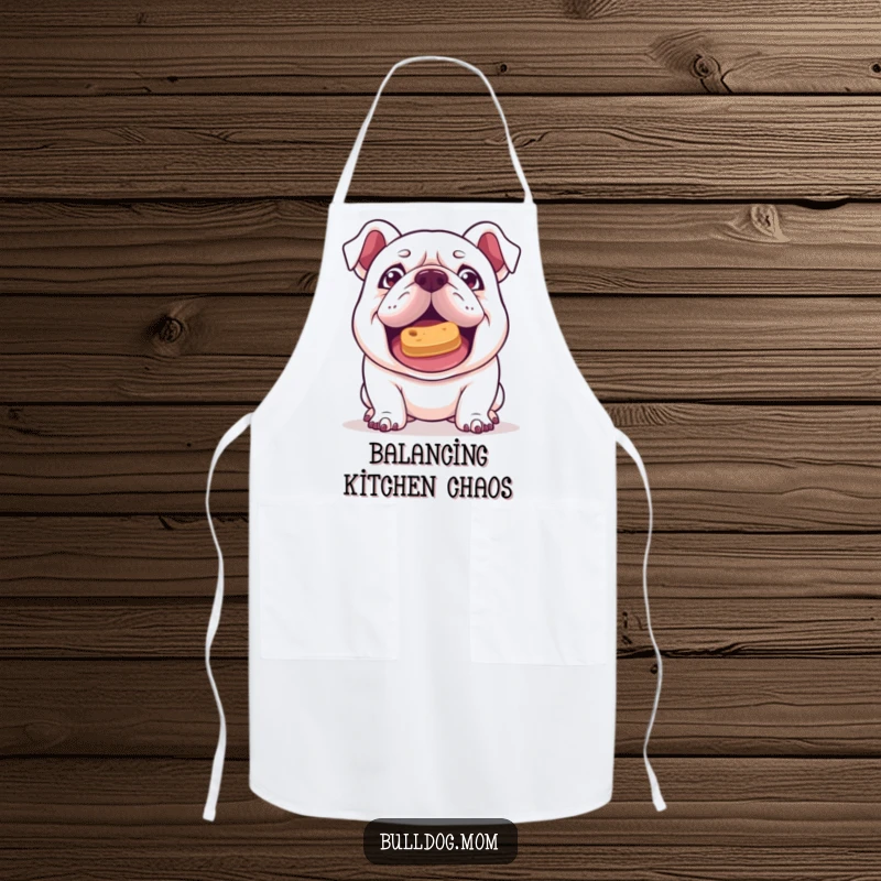 Funny Kawaii Bulldog apron with a mischievous gleam, attempting to balance a treat on its nose, ideal for kitchen fun and protection.