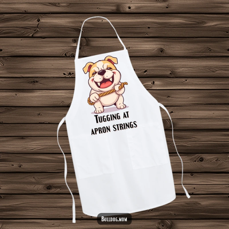Funny Kawaii Bulldog apron with a happy grunt, playing tug-of-war with a rope, ideal for kitchen fun and protection.
