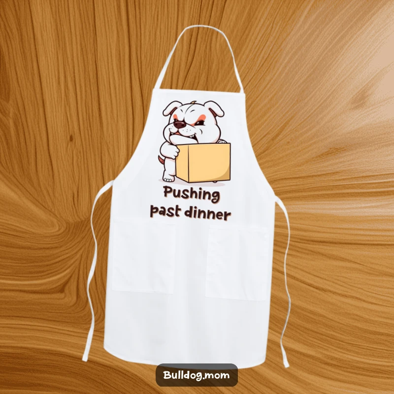 Funny Moving Bulldog Apron: A sturdy bulldog with a determined grin pushes a box, symbolizing strength and purpose in tasks.