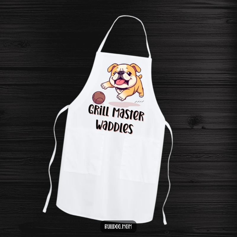 Funny Kawaii Bulldog apron, featuring a determined waddle and intense focus on a rolling ball, a humorous and practical kitchen accessory.