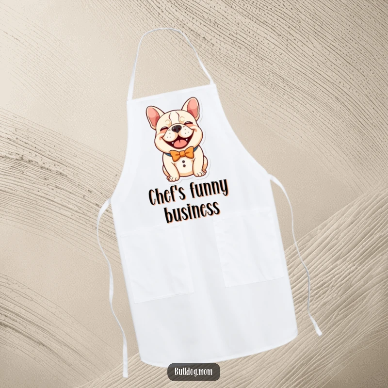 Funny Kawaii Bulldog Apron, a cute dog in a comical bow tie giving a hearty laugh, a humorous and practical kitchen accessory.