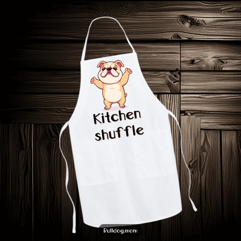 Funny apron showing a bulldog doing a happy, clumsy dance, bringing cheer and humor to the kitchen.