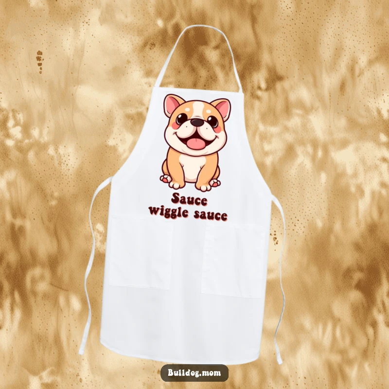 Funny Kawaii Bulldog Apron: Cute dog apron for cooking, featuring a happy pup doing a full-body wiggle, perfect for funny kitchen moments.
