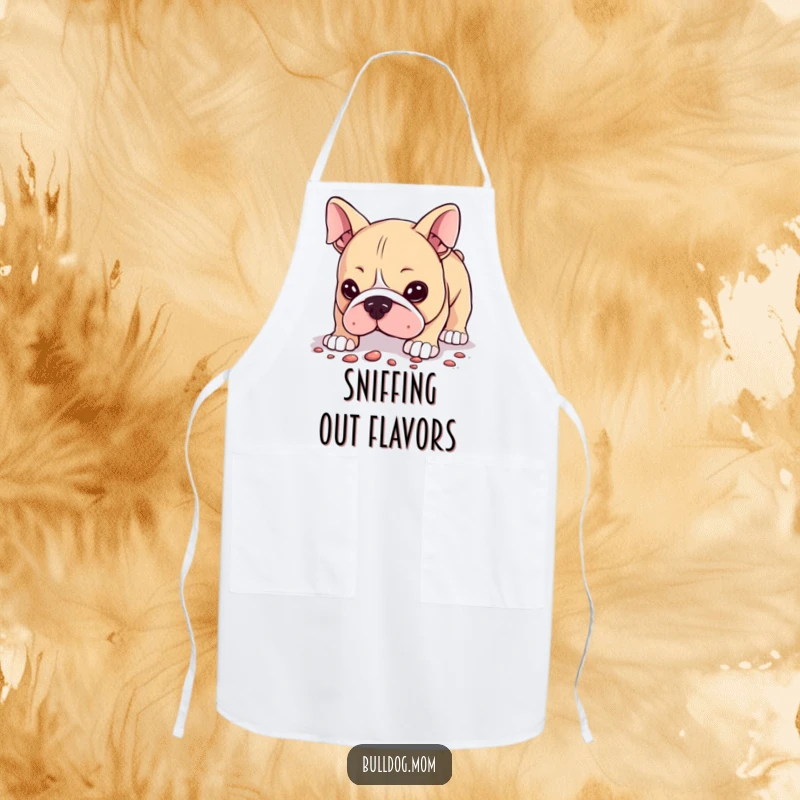 Funny Apron featuring a Kawaii bulldog humorously sniffing the ground, ready to add a dash of curiosity to kitchen tasks.