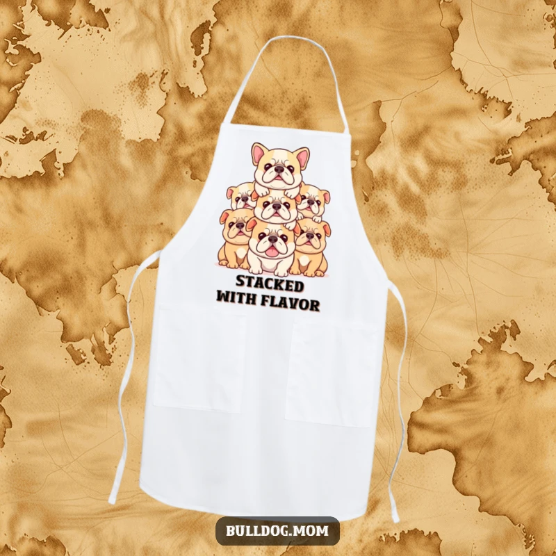 Funny Kawaii bulldog apron showing a stack of cute dogs piled contentedly, ideal for kitchen humor and protection.
