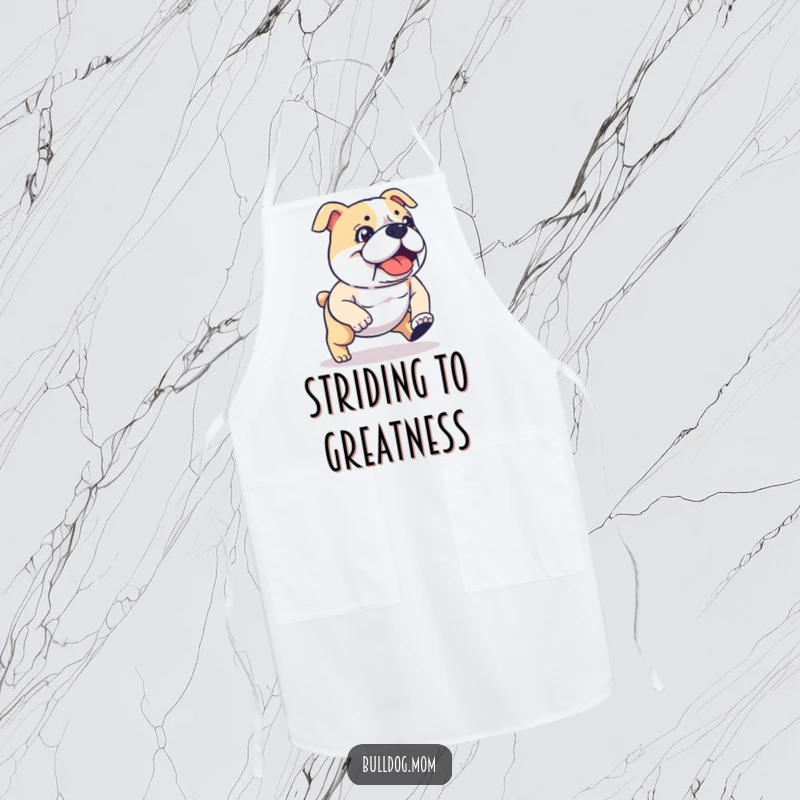 Funny kawaii Bulldog apron featuring a determined, energetic stride, perfect for kitchen humor and a funny gift. Amusing and practical wear.