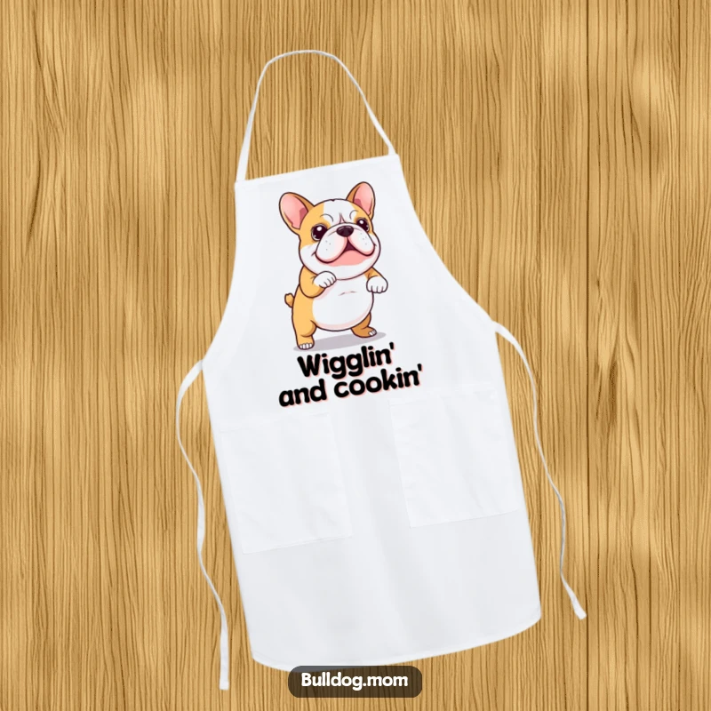 Funny Apron featuring a Kawaii bulldog energetically performing a wiggly dance, its tail wagging, ready to add humor to kitchen tasks.