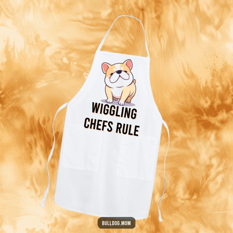 Funny Kawaii Bulldog doing a happy wiggle with short legs, a humorous and functional kitchen apron.