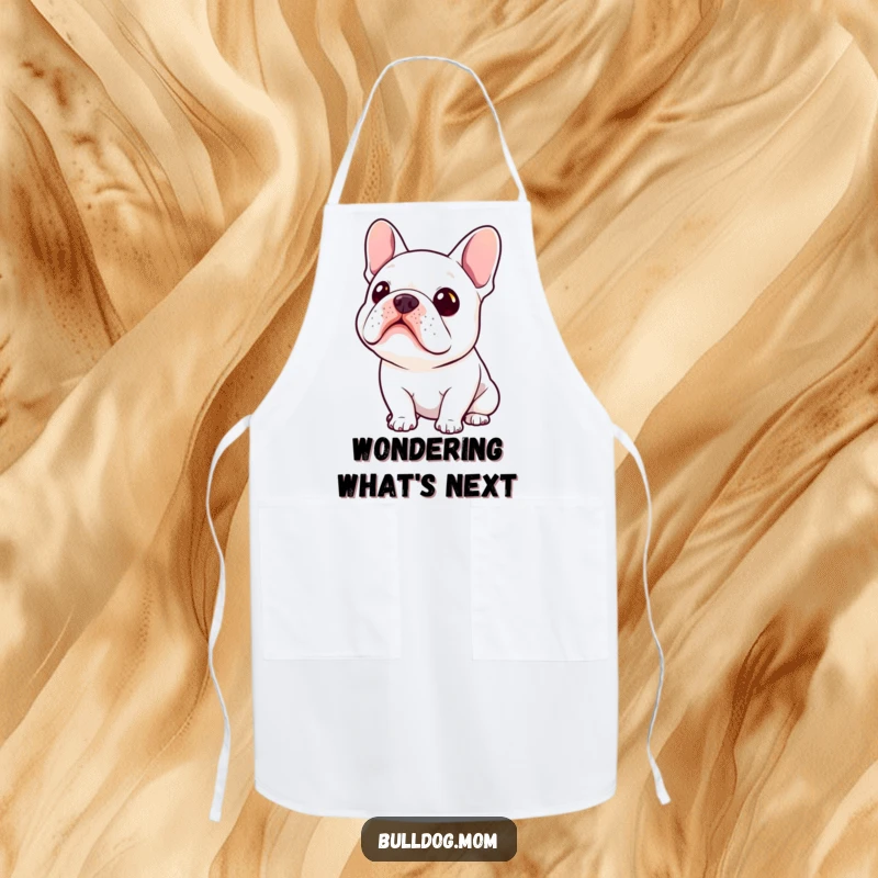 Funny Kawaii Bulldog Apron depicting a cute bulldog tilting its head, showcasing a curious attitude in the kitchen.