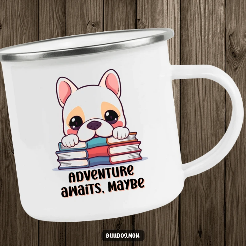 Funny Kawaii Bulldog peeking over a stack of sturdy books with curiosity, a humorous camping mug.