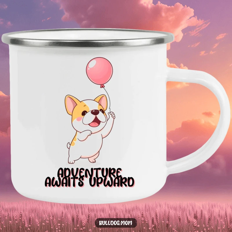 Funny Balloon Bulldog Camping Mug: An excited kawaii bulldog leaps for a floating balloon, perfect for cheerful outdoor moments.