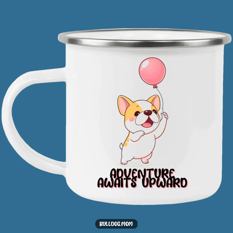 Funny Balloon Bulldog Camping Mug: Durable mug with an excited pup chasing a balloon, ideal for adventures, a funny gift.
