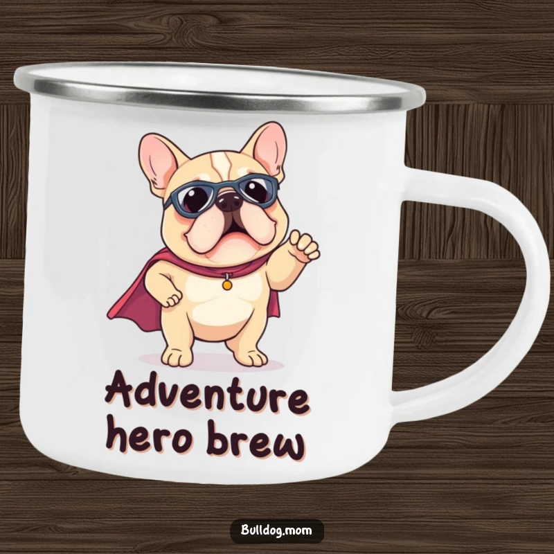 Funny Kawaii Bulldog camping mug wearing a tiny superhero cape, striking a funny pose, for heroic outdoor sipping.