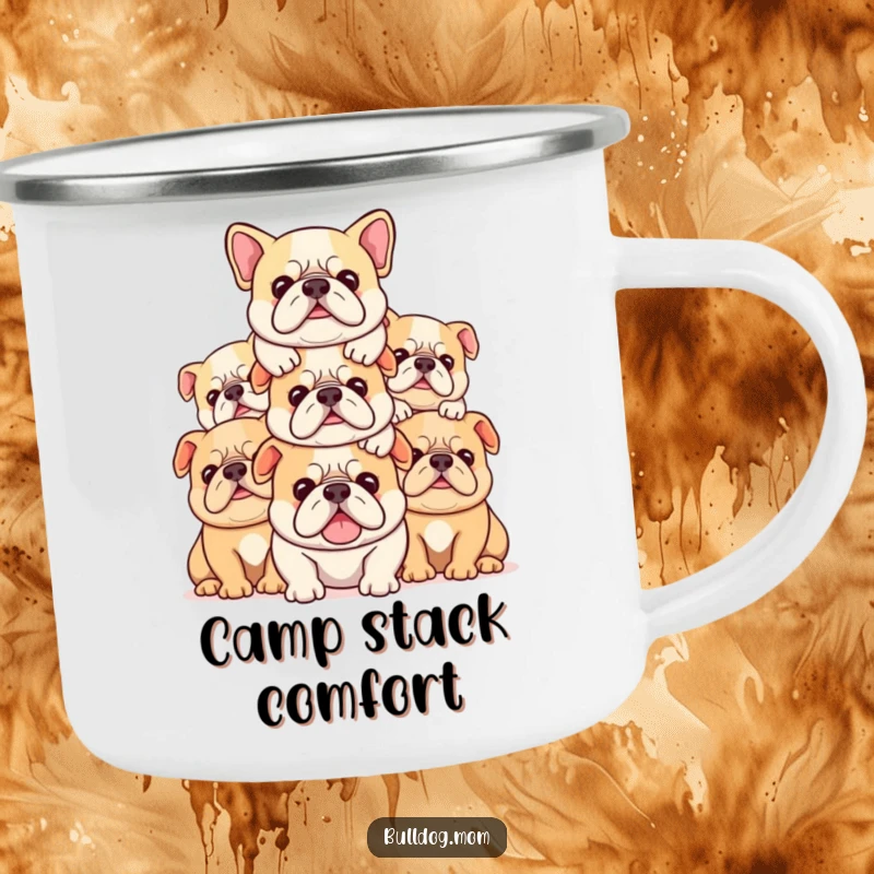 Funny Kawaii bulldog camping mug with a stack of cute dogs piled contentedly, perfect for outdoor adventures.