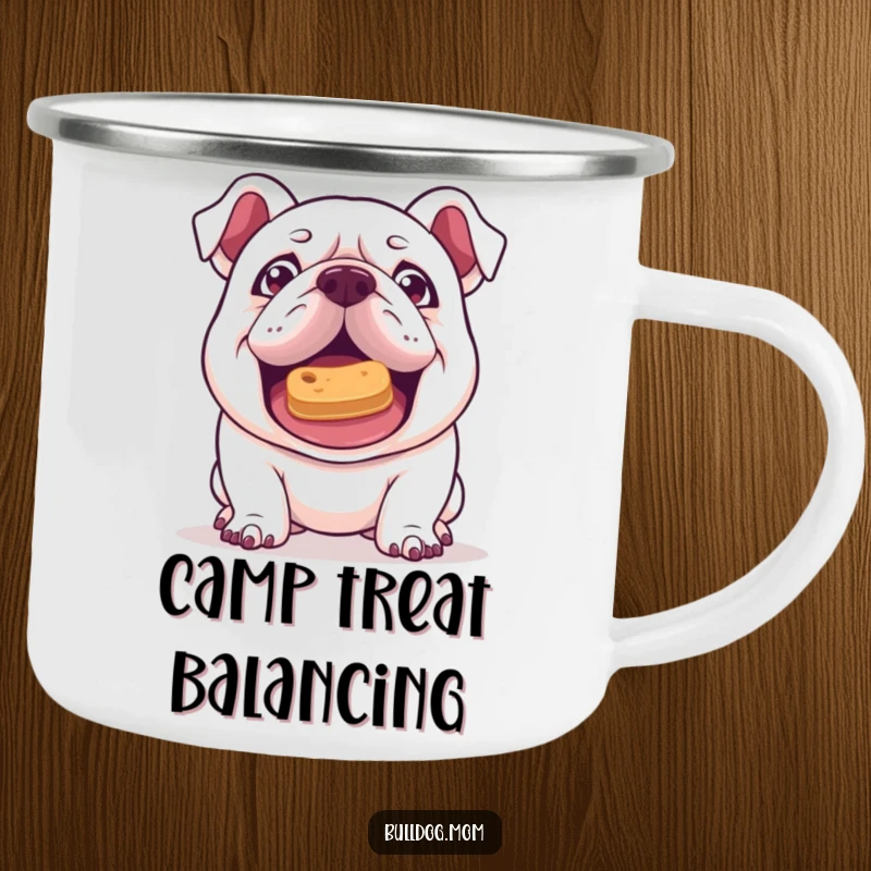 Funny Kawaii Bulldog camping mug with a mischievous gleam, attempting to balance a treat on its nose, for adventurous and clever sipping.