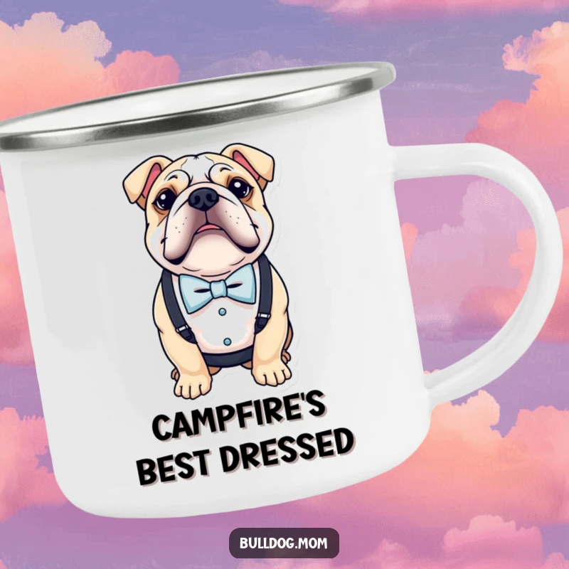 Funny camping mug featuring a bulldog wearing a tiny bow tie and suspenders, perfect for stylish and humorous outdoor excursions.