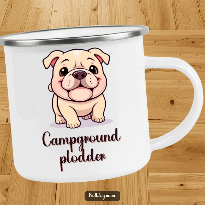 Funny Kawaii Bulldog camping mug, a happy dog with a jowly grin happily plodding with a wagging tail, built for adventure.