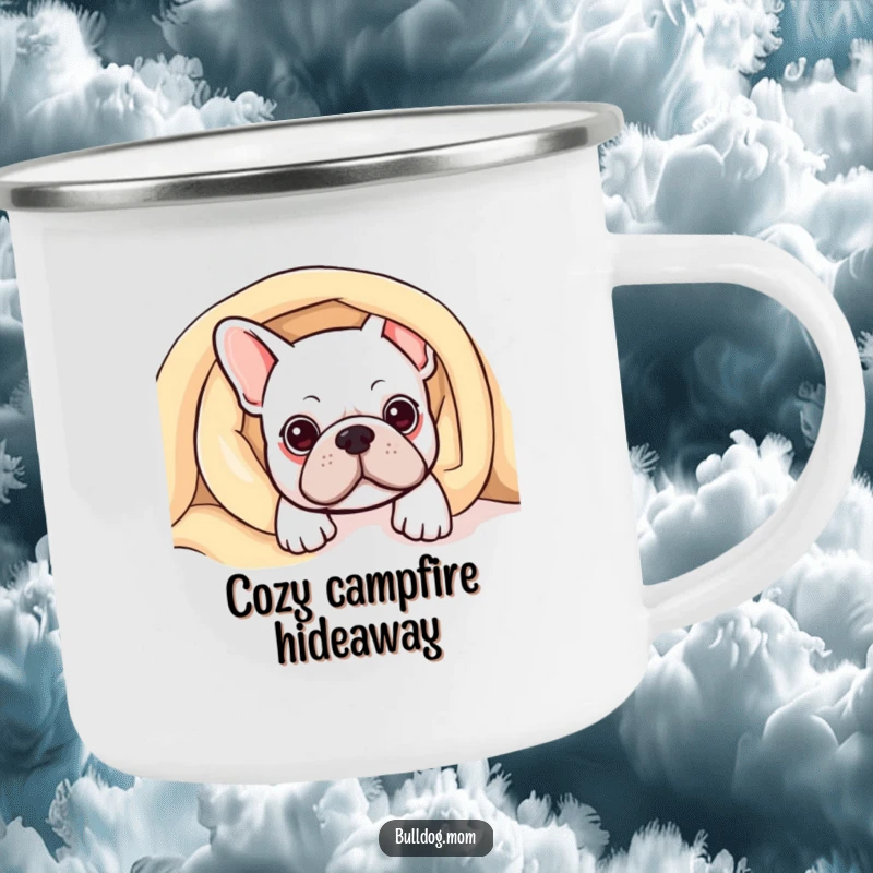 Funny Kawaii Bulldog Camping Mug showing a cute bulldog peeking from under a blanket, perfect for cozy outdoor moments.