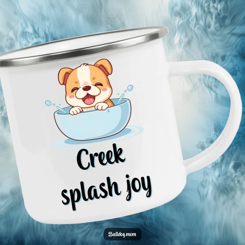 Funny bulldog cub camping mug showing a giggling puppy splashing water in a bowl, ready for outdoor fun with a wet sense of humor.