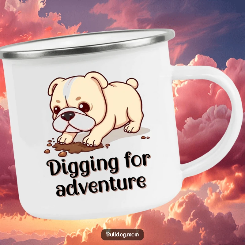 Funny Kawaii Bulldog Camping Mug: A durable mug featuring a cute bulldog digging holes, ready for adventure.