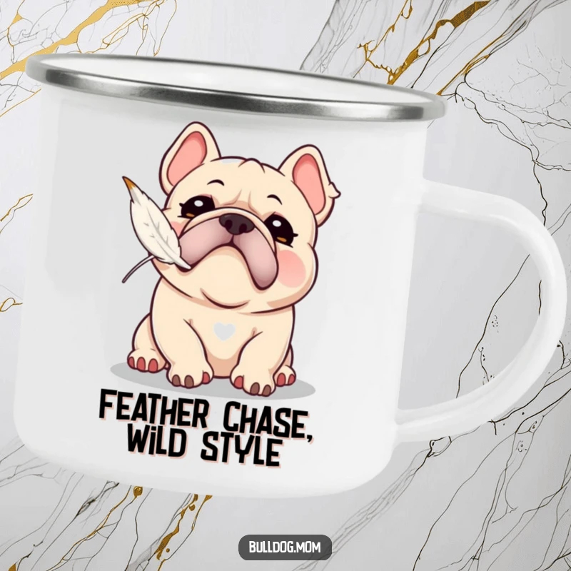 Funny Kawaii Bulldog camping mug with a playful snort, attempting to catch a floating feather, for adventurous and humorous sipping.