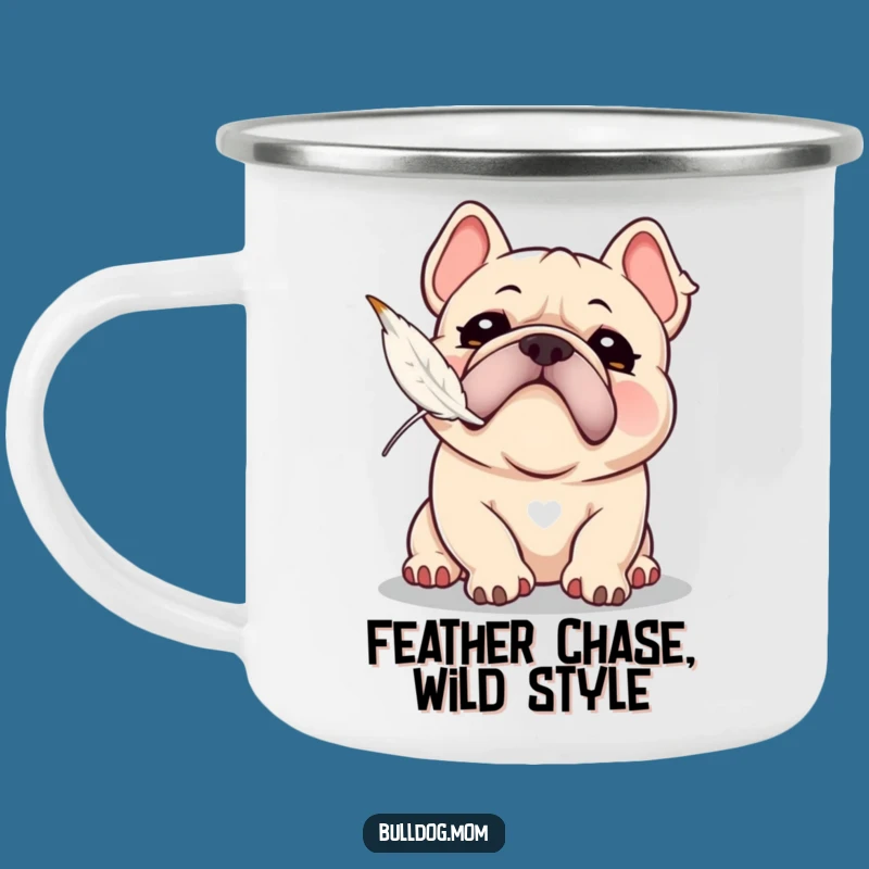 Funny Kawaii Bulldog Snorting Feather Chase Camping Mug - Playful Adventure