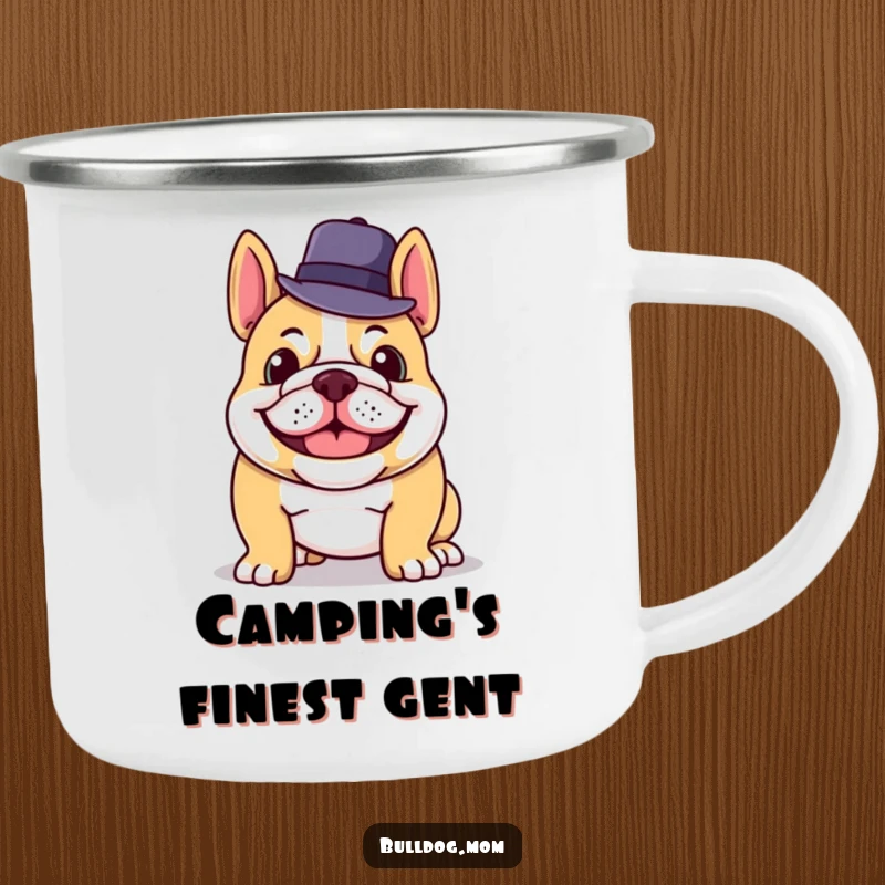 Funny camping mug featuring a grinning bulldog tipping its hat, perfect for stylish and humorous outdoor excursions.