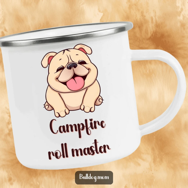 Funny Kawaii bulldog camping mug with a cute, squishy dog happily snorting and rolling over, perfect for outdoors.